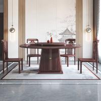 比象木业乌金木实木餐桌 新中式餐厅转盘圆饭桌椅子